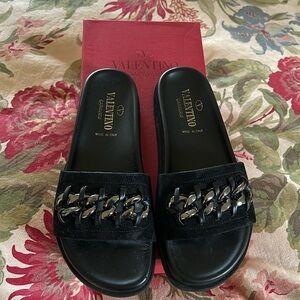 Valentino Garavani black suede chain slide sandals